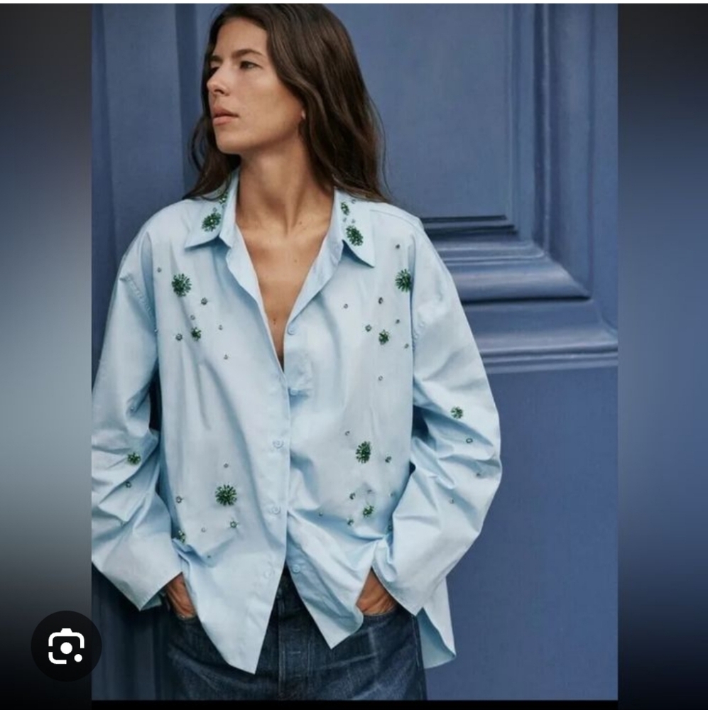 ZARA Size XS Elegant, Light Blue Floral Embroidered Shirt
